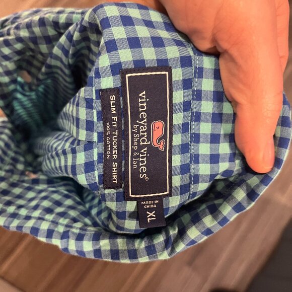 Vineyard Vines Men's blue & teal checkered Slim Fit Tucker shirt XL EUC - Picture 4 of 4